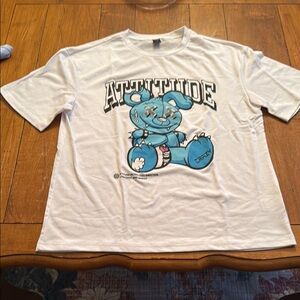 White Graphic T-Shirt with Blue Cartoon Design